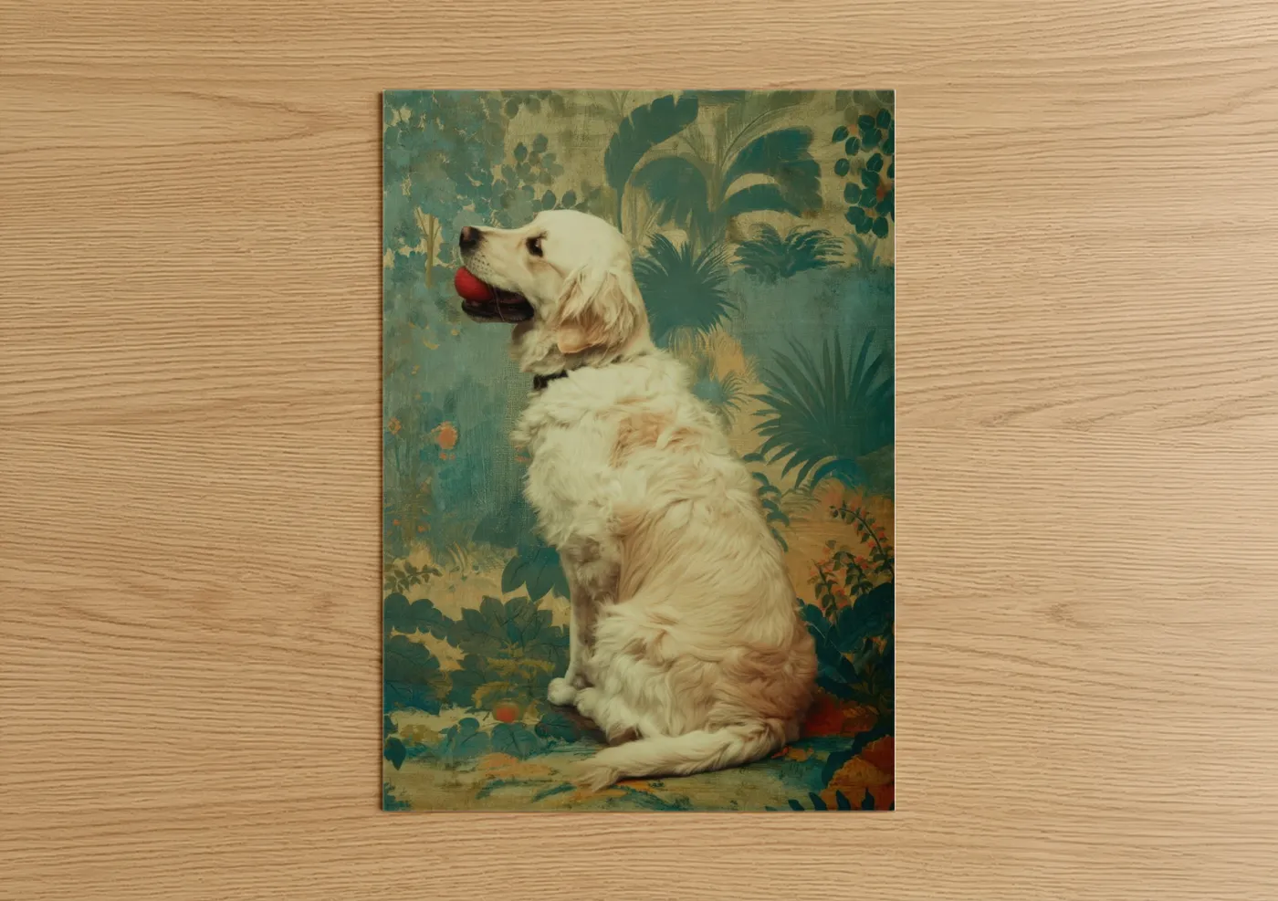 Art print on warm oak wood — sage green and cream palette — Cream Retriever Portrait poster