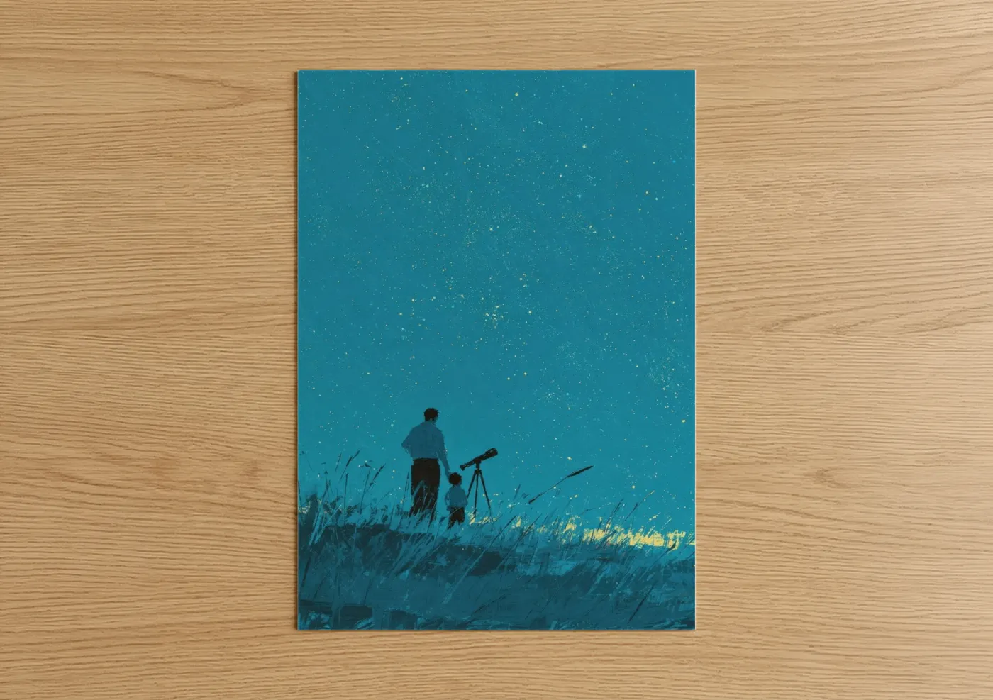 Father Son Stargazing Telescope Night Sky Wall Art