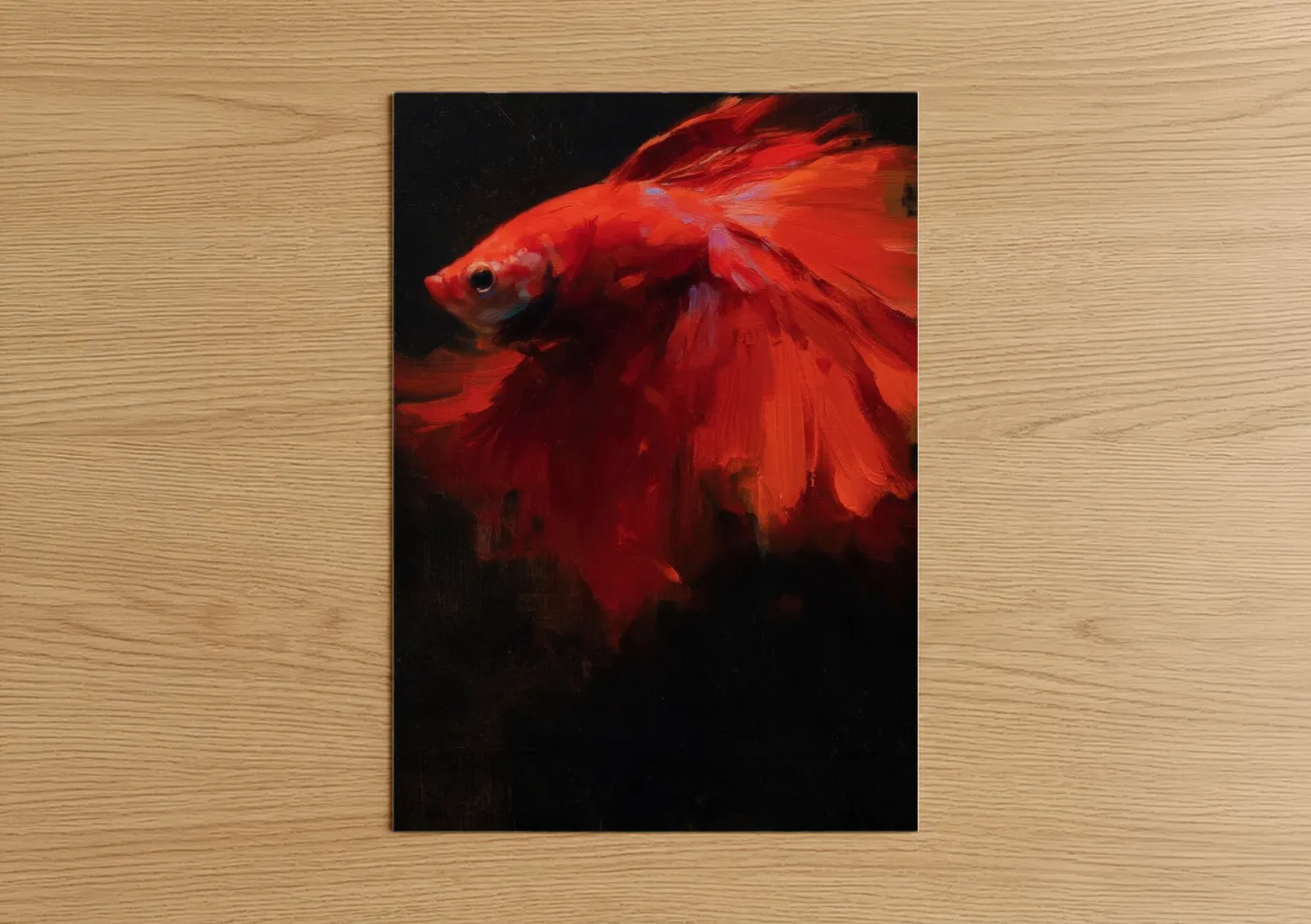 Fighting fish art print on warm oak wood — red and black palette — Crimson Betta Fish poster