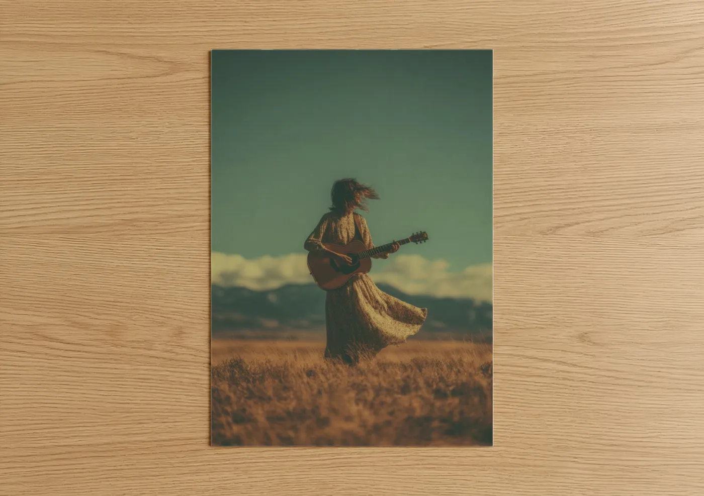 Woman Playing Guitar in Golden Field Wall Art