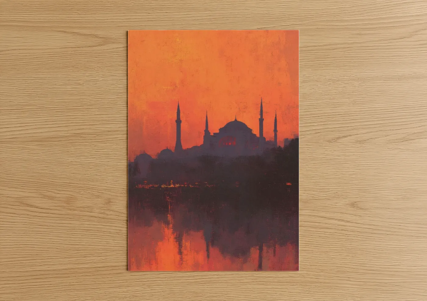 Hagia sofia art print on warm oak wood — orange and gold palette — Crimson Hagia Sophia poster