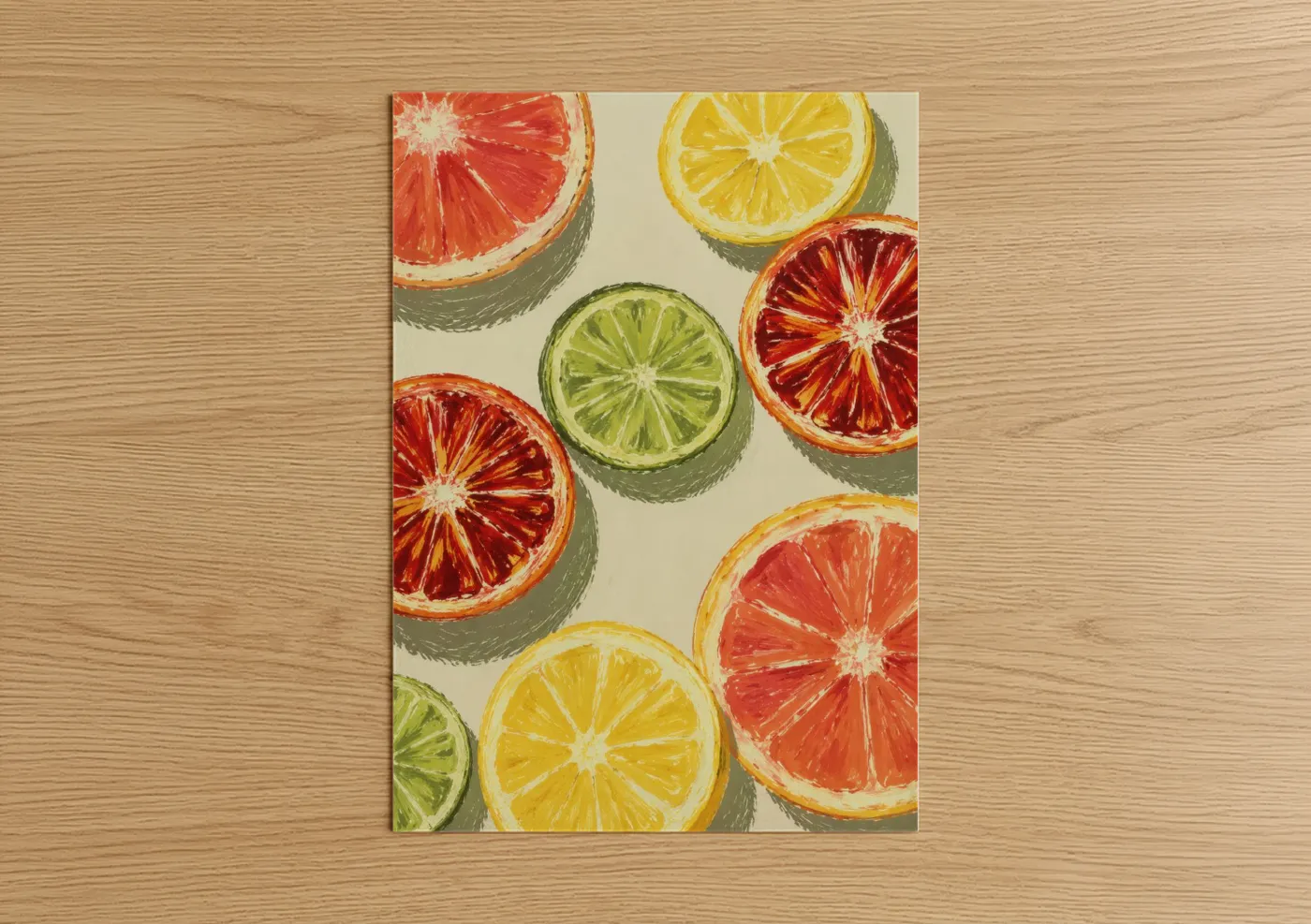 Fruit art print on warm oak wood — yellow and orange palette — Citrus Slices Kitchen Wall Art poster