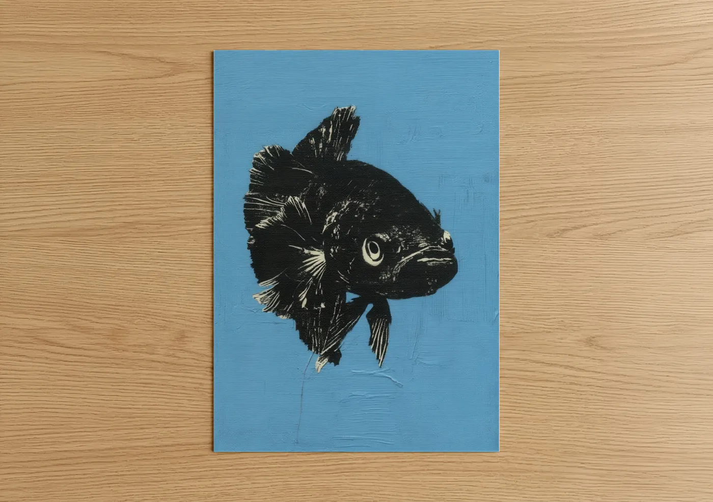 Fighting fish art print on warm oak wood — blue and black and white palette — Midnight Betta poster