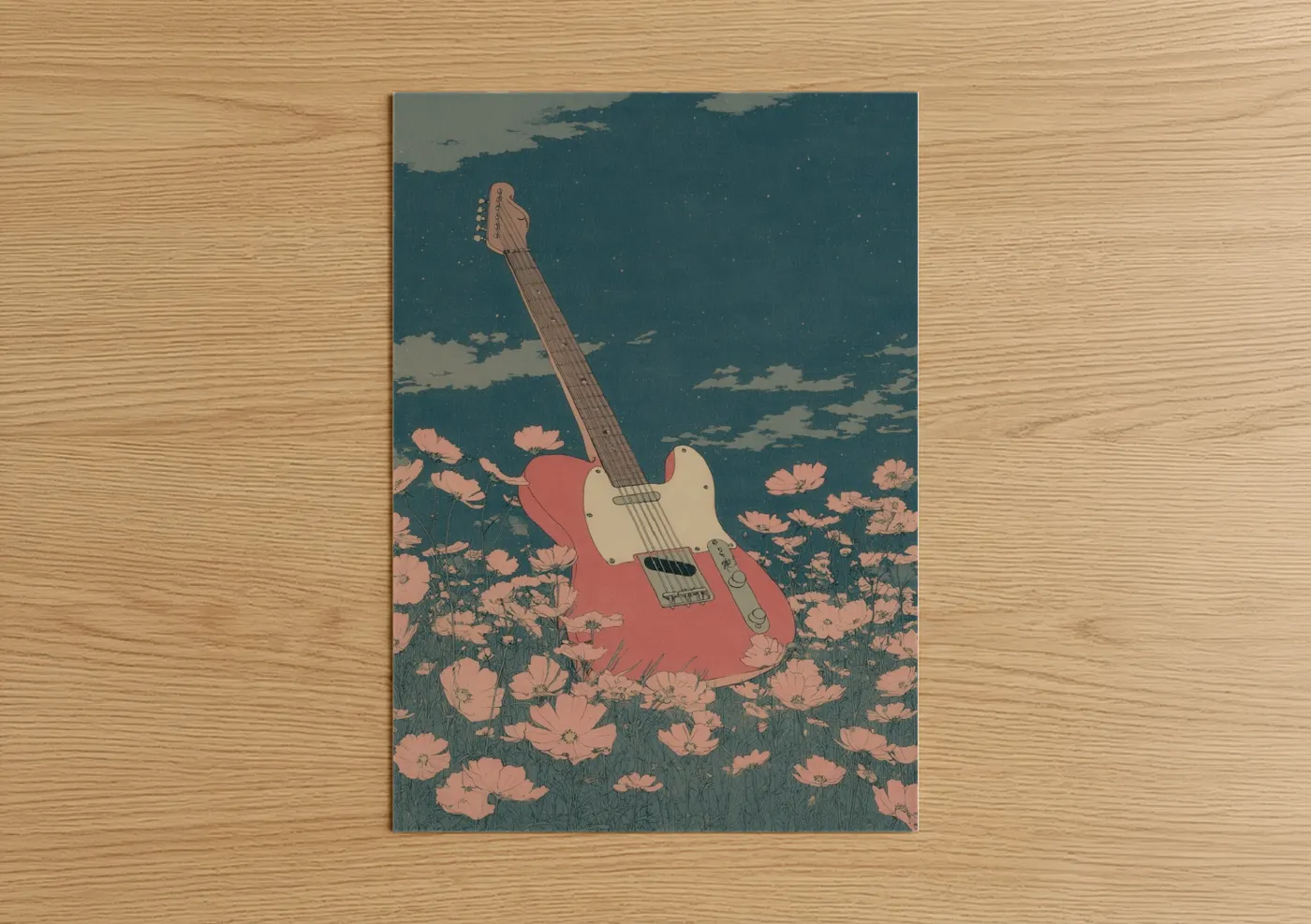 Electric guitar art print on warm oak wood — teal and salmon pink palette — Coral Guitar Garden poster