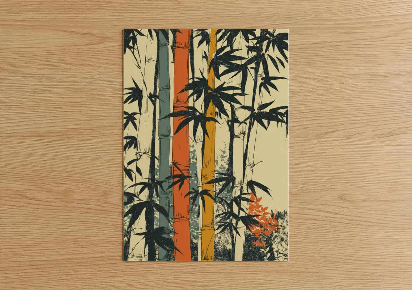 Art print on warm oak wood — mustard and black and gold palette — Autumn Bamboo Grove poster
