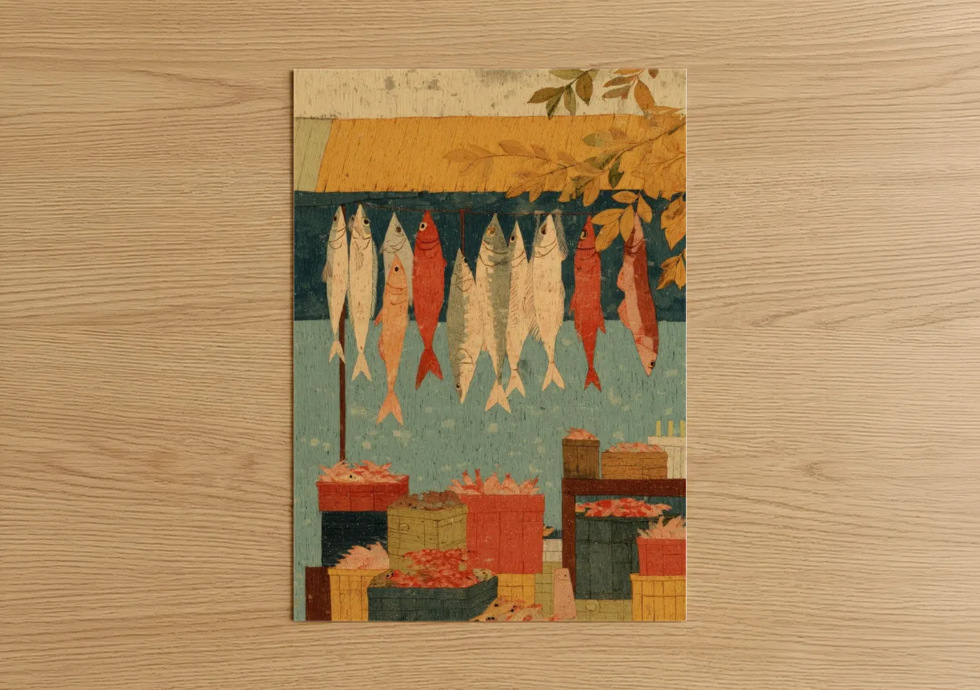Vintage Fish Drying Illustration Wall Art