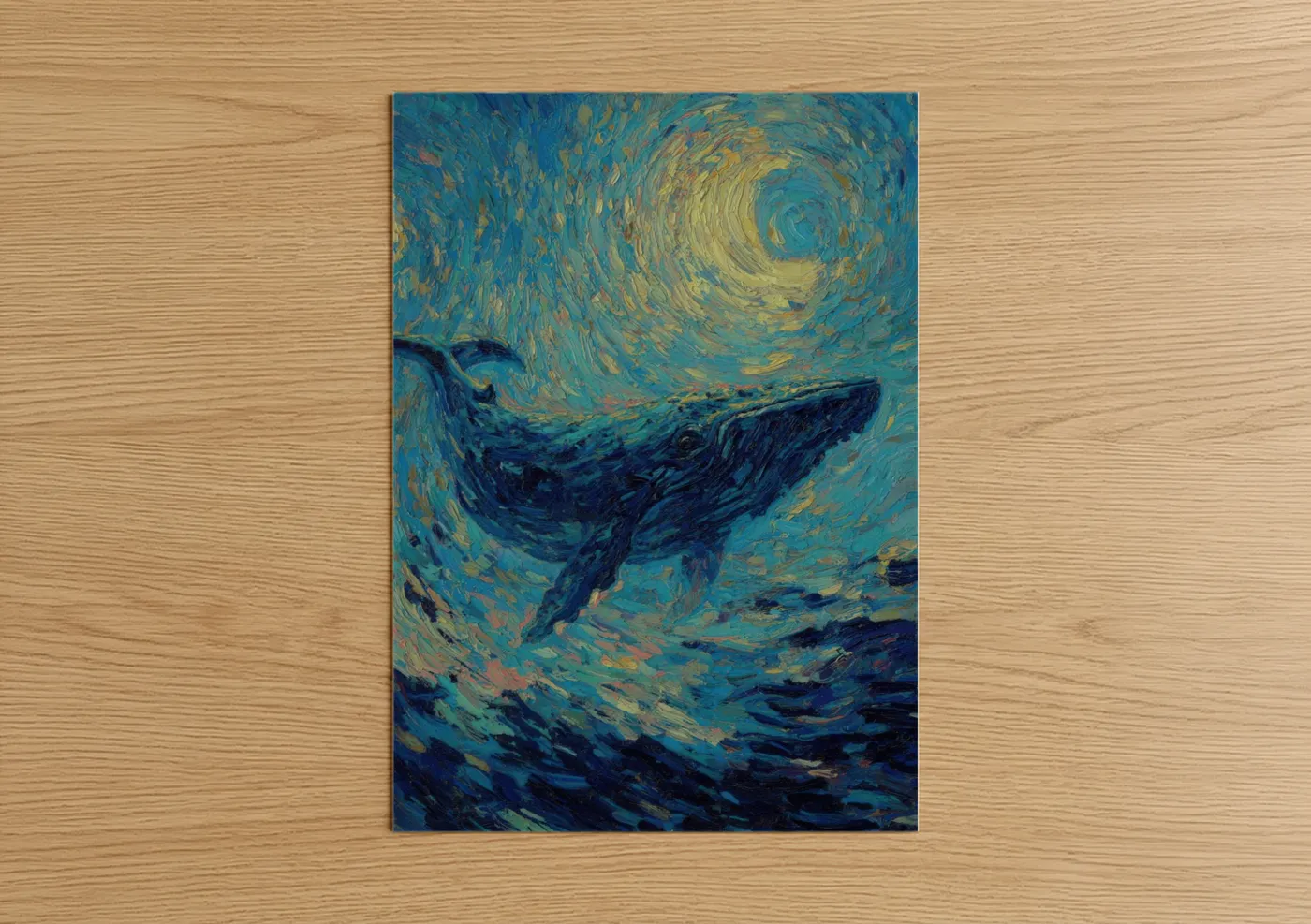 Sperm whale art print on warm oak wood — blue and gold palette — Celestial Whale poster