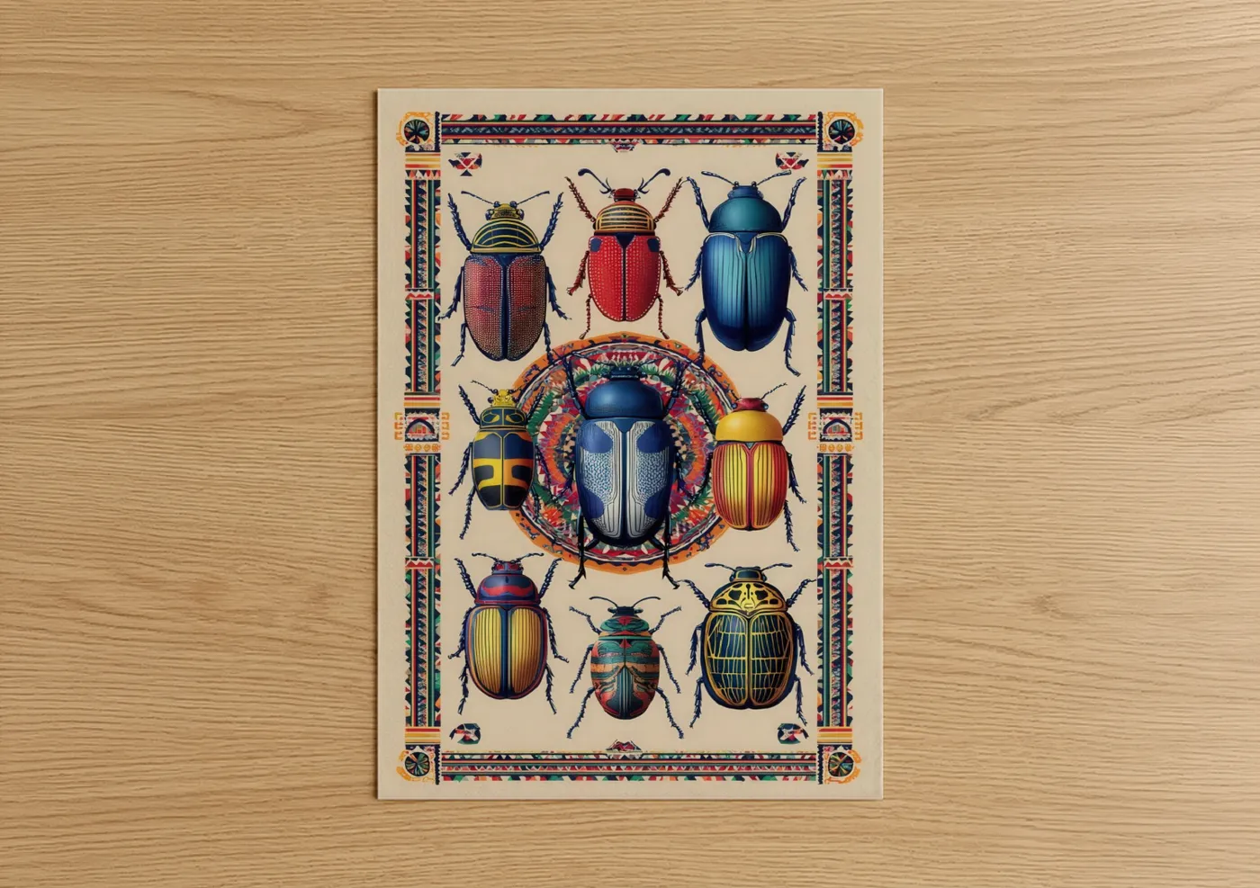Art print on warm oak wood — gold and blue palette — Egyptian Beetle Collection poster