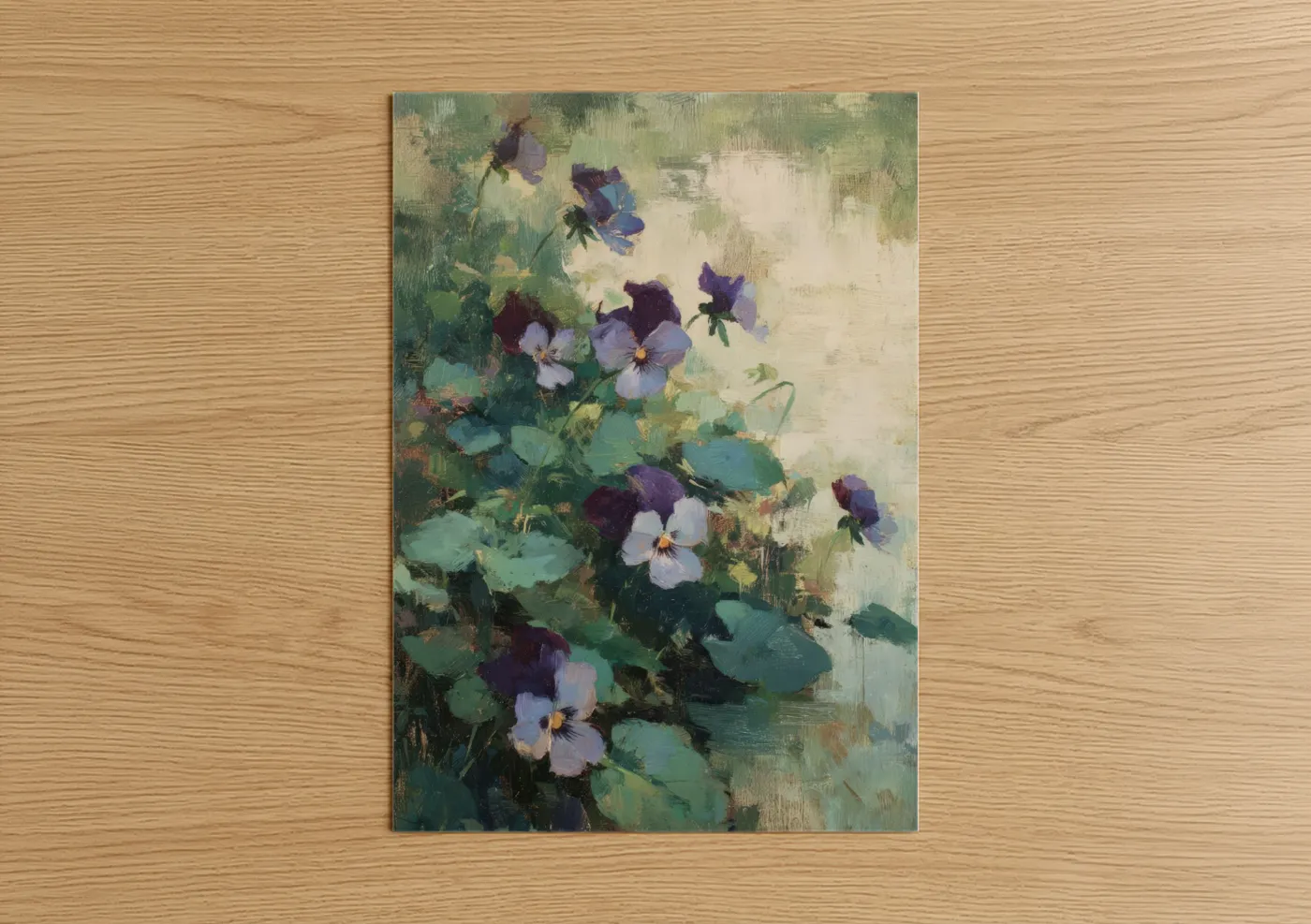 Art print on warm oak wood — purple and green palette — Garden Violets poster