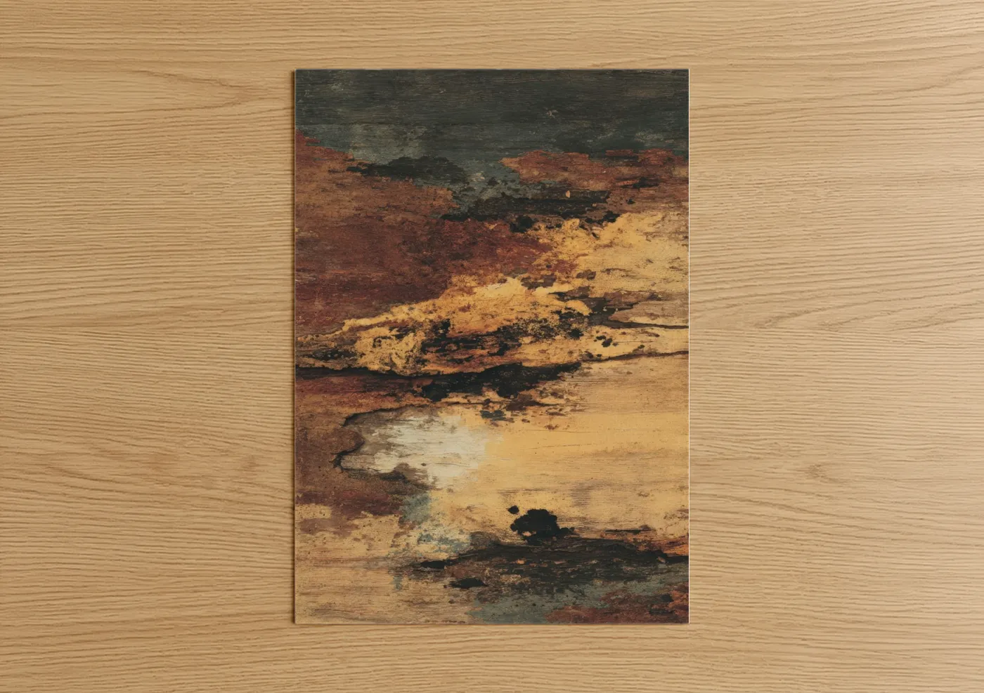 Kauri tree art print on warm oak wood — russet and gold palette — Weathered Kauri poster