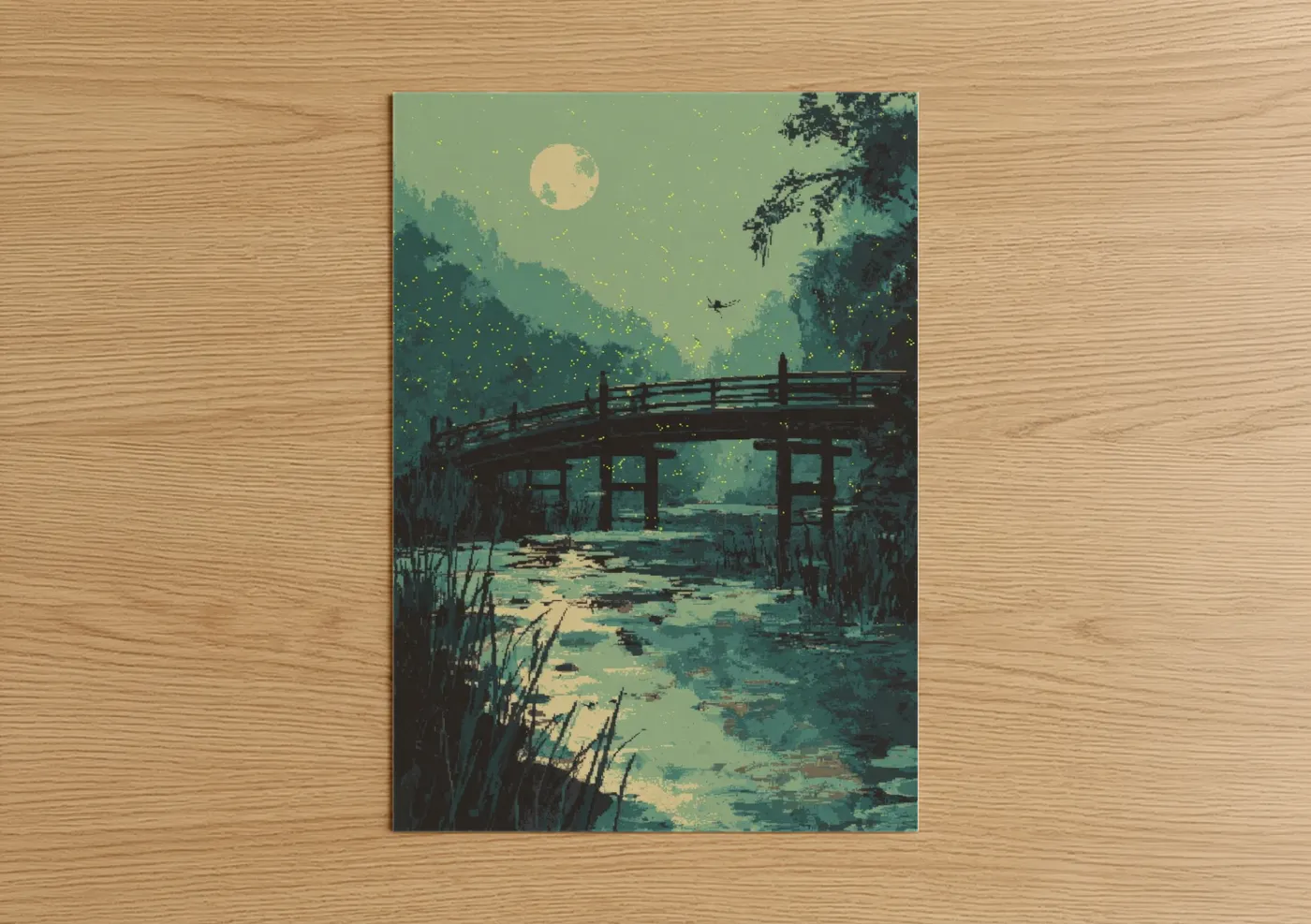 Moonlit Fireflies Bridge Night Scene Wall Art