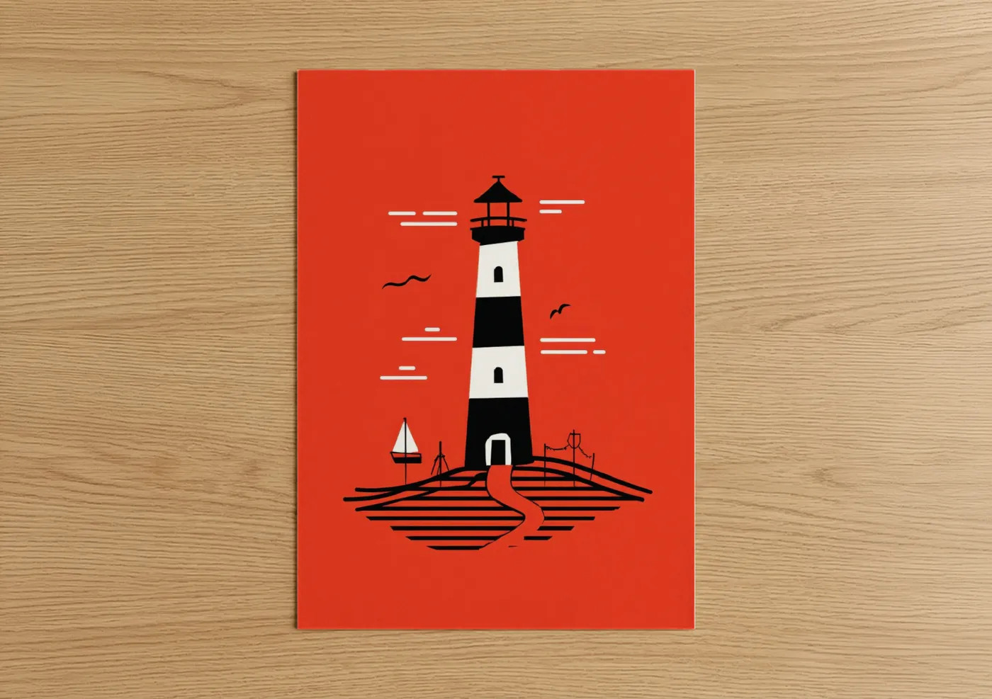 Art print on warm oak wood — red and black and white palette — Coastal Lighthouse poster