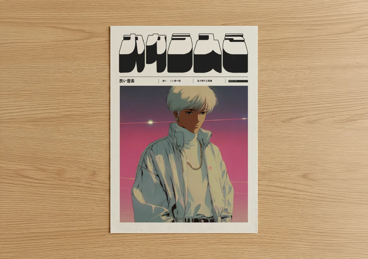 Anime and manga art print on warm oak wood — magenta and teal palette — Neon Anime Portrait poster