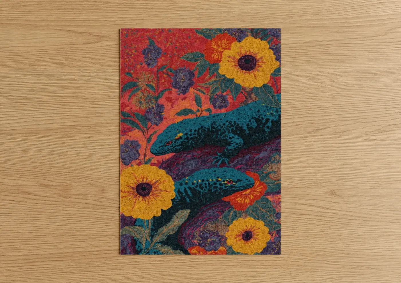 Turquoise Lizards Vibrant Floral Wall Art