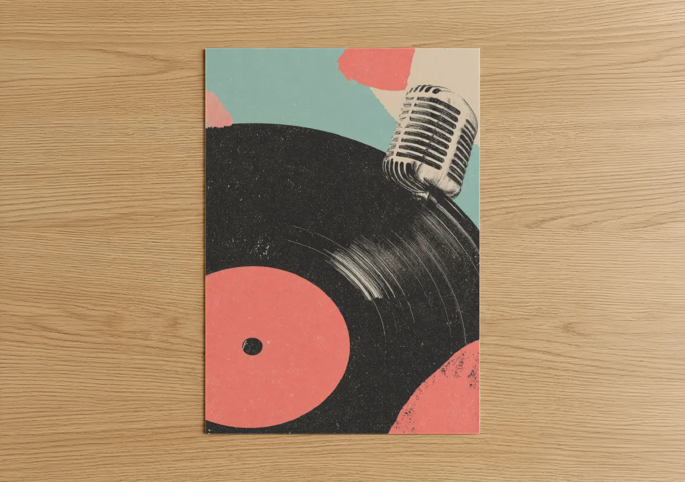 Art print on warm oak wood — turquoise and salmon pink palette — Retro Pop Vinyl poster