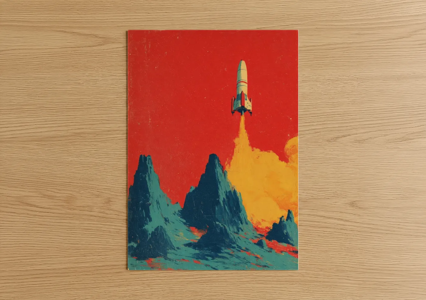 Retro Rocket Launch Red Sky Wall Art