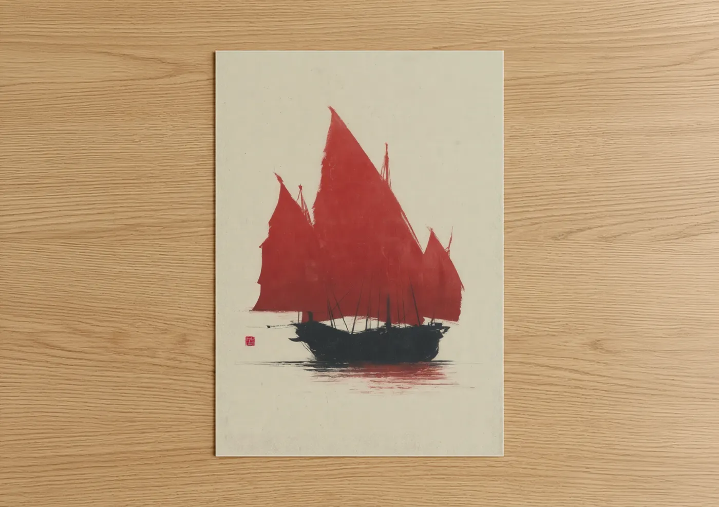 Old ships art print on warm oak wood — red and black and white palette — Crimson Sail Ship poster