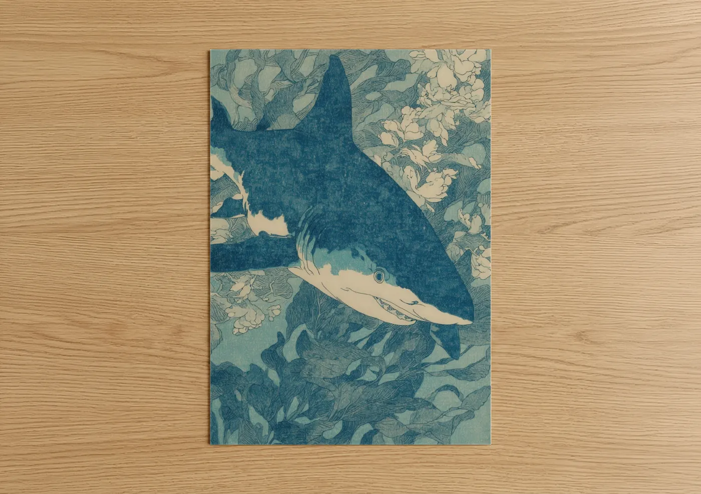 Art print on warm oak wood — blue and cream palette — Blue Shark Grace poster