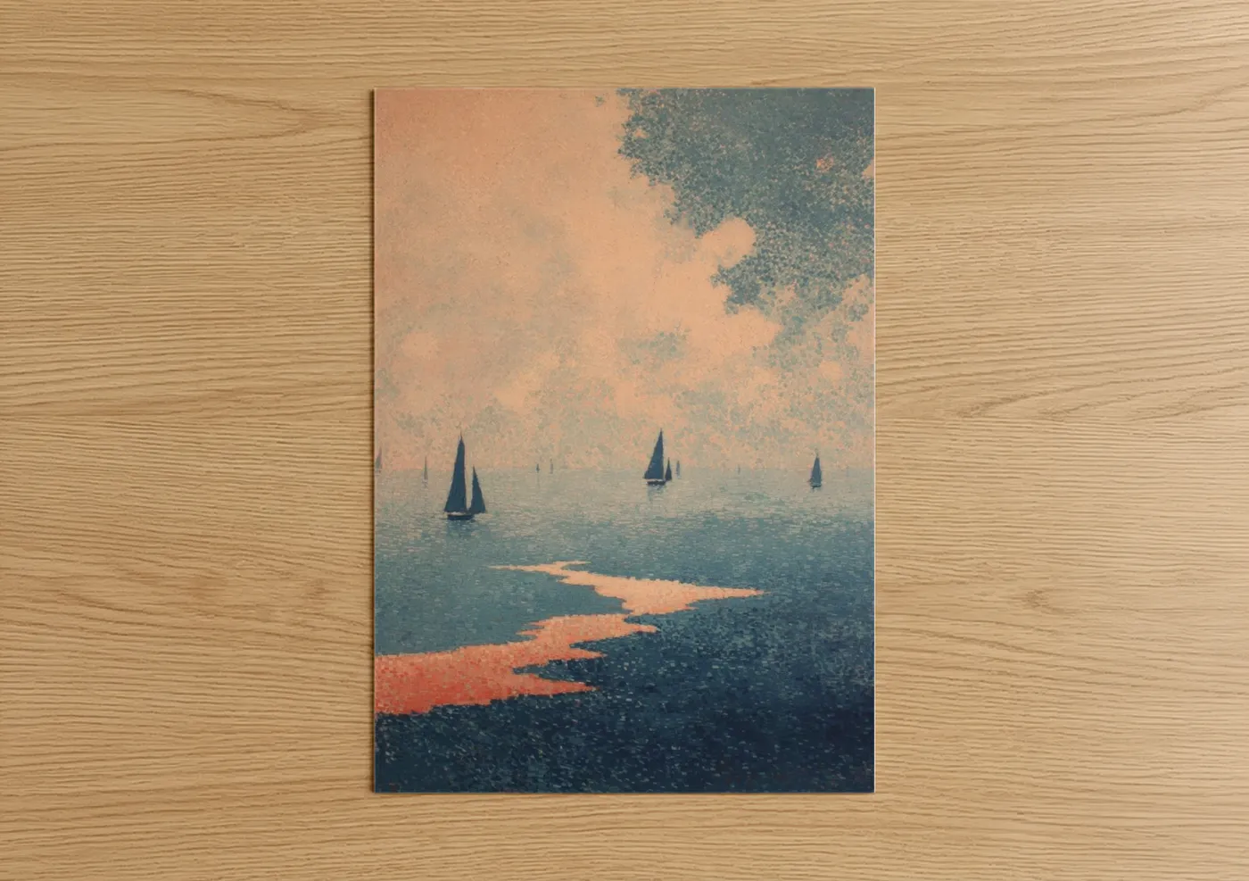 Sailing ship art print on warm oak wood — peach and teal palette — Golden Horizon Sailboats poster