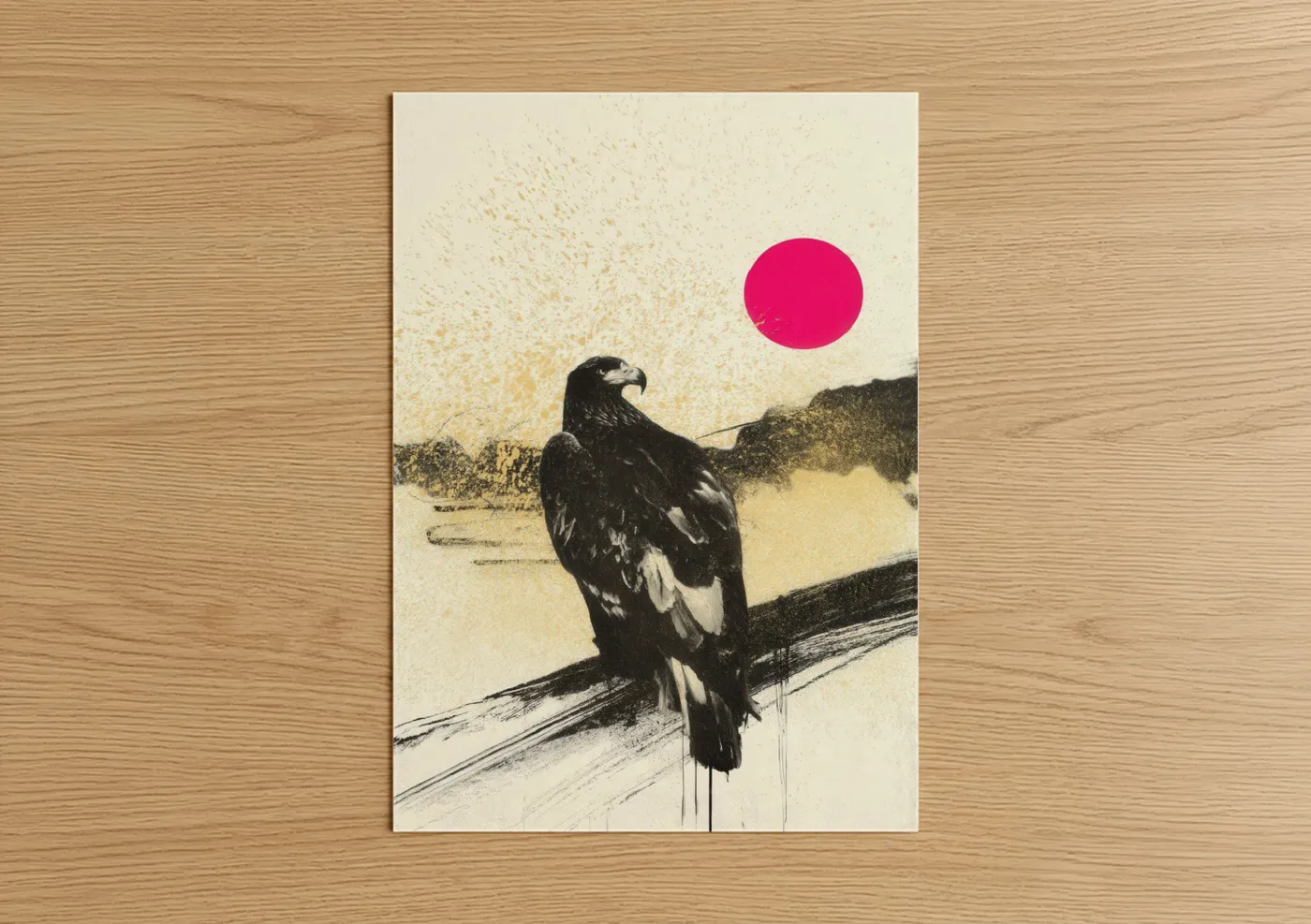 Bold Pink Sun Eagle Modern Wall Art