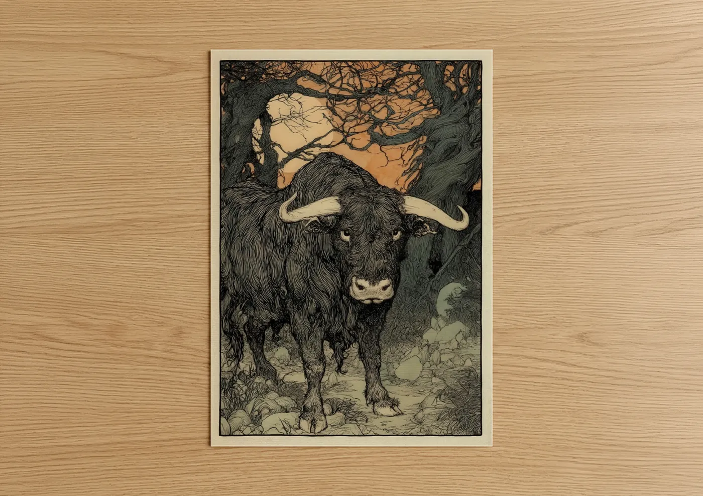 Powerful Horned Bull Woodblock Wall Art