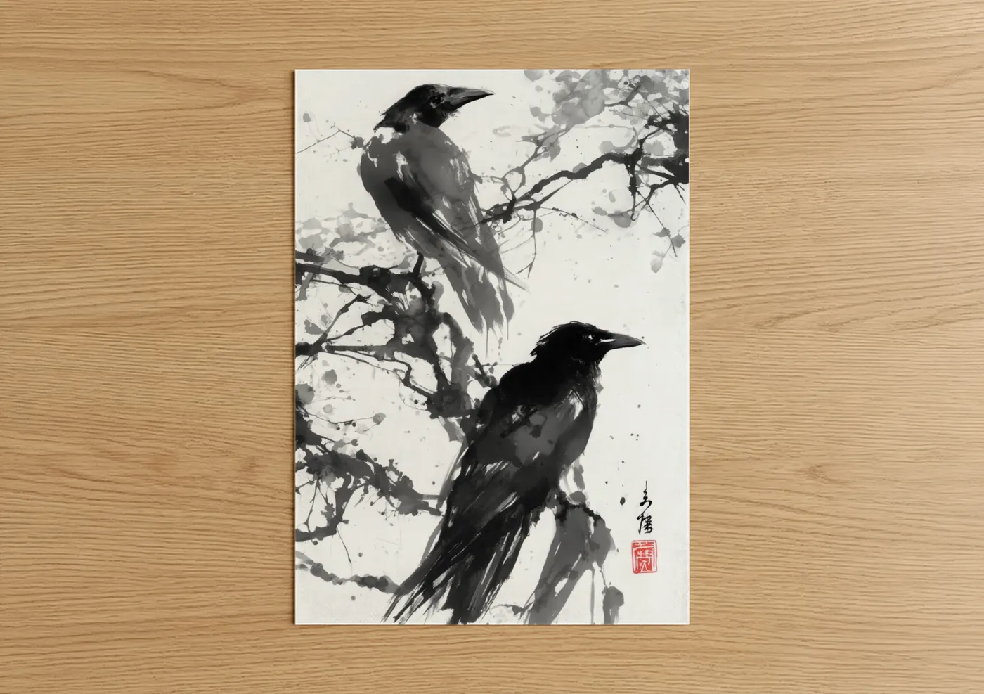 Crows and ravens art print on warm oak wood — black and white and gray palette — Perched Ravens Ink poster