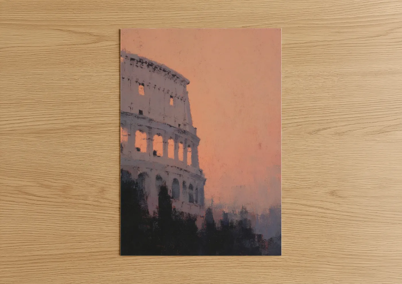 Art print on warm oak wood — peach and gold palette — Colosseum Sunrise poster