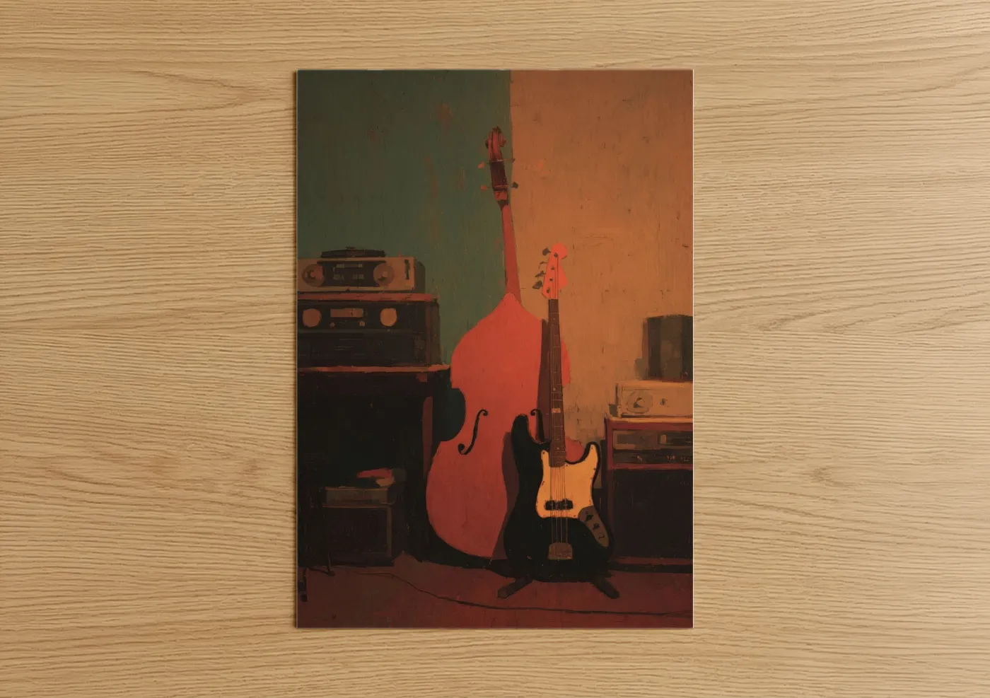 Bass guitar art print on warm oak wood — orange and olive palette — Crimson Bass Studio poster