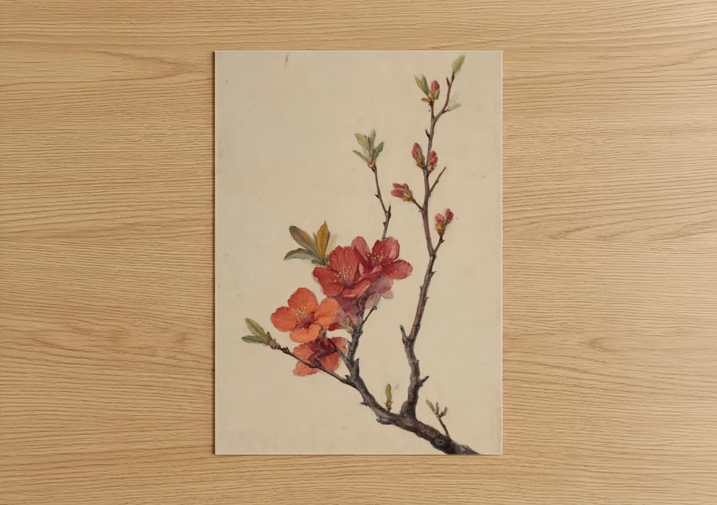Savanna and desert trees art print on warm oak wood — cream and salmon pink palette — Coral Desert Bloom poster