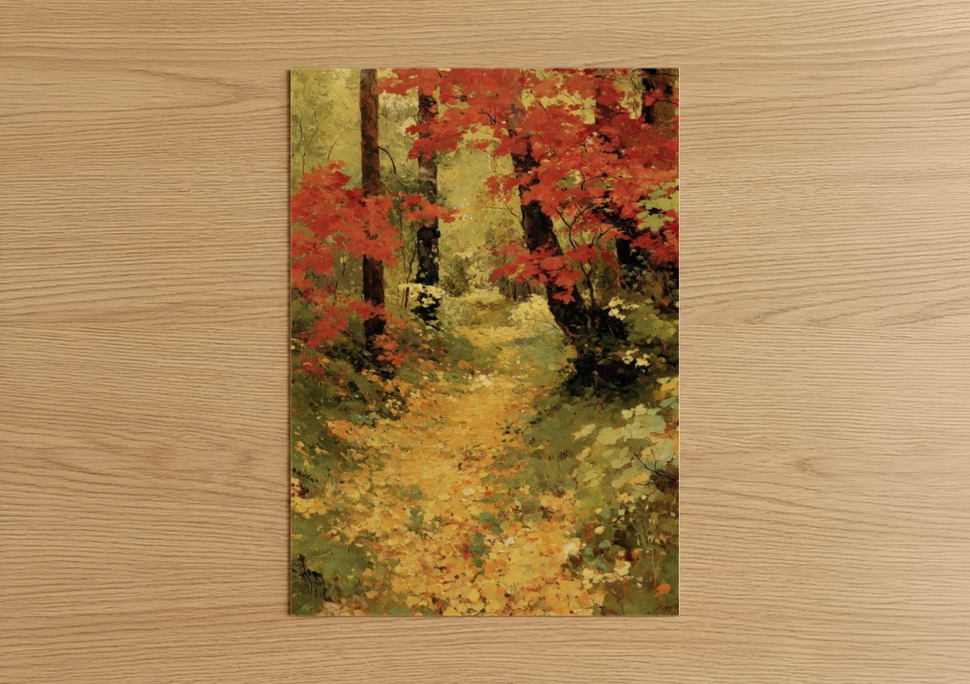 Art print on warm oak wood — gold and red palette — Crimson Maple Forest poster