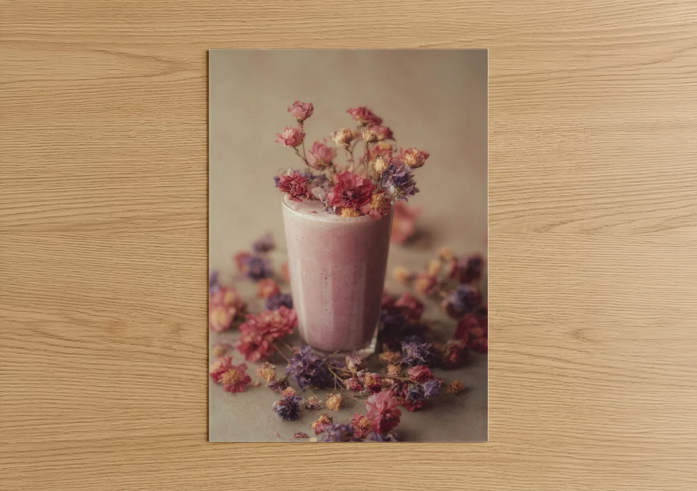 Art print on warm oak wood — pink and beige palette — Floral Milkshake poster