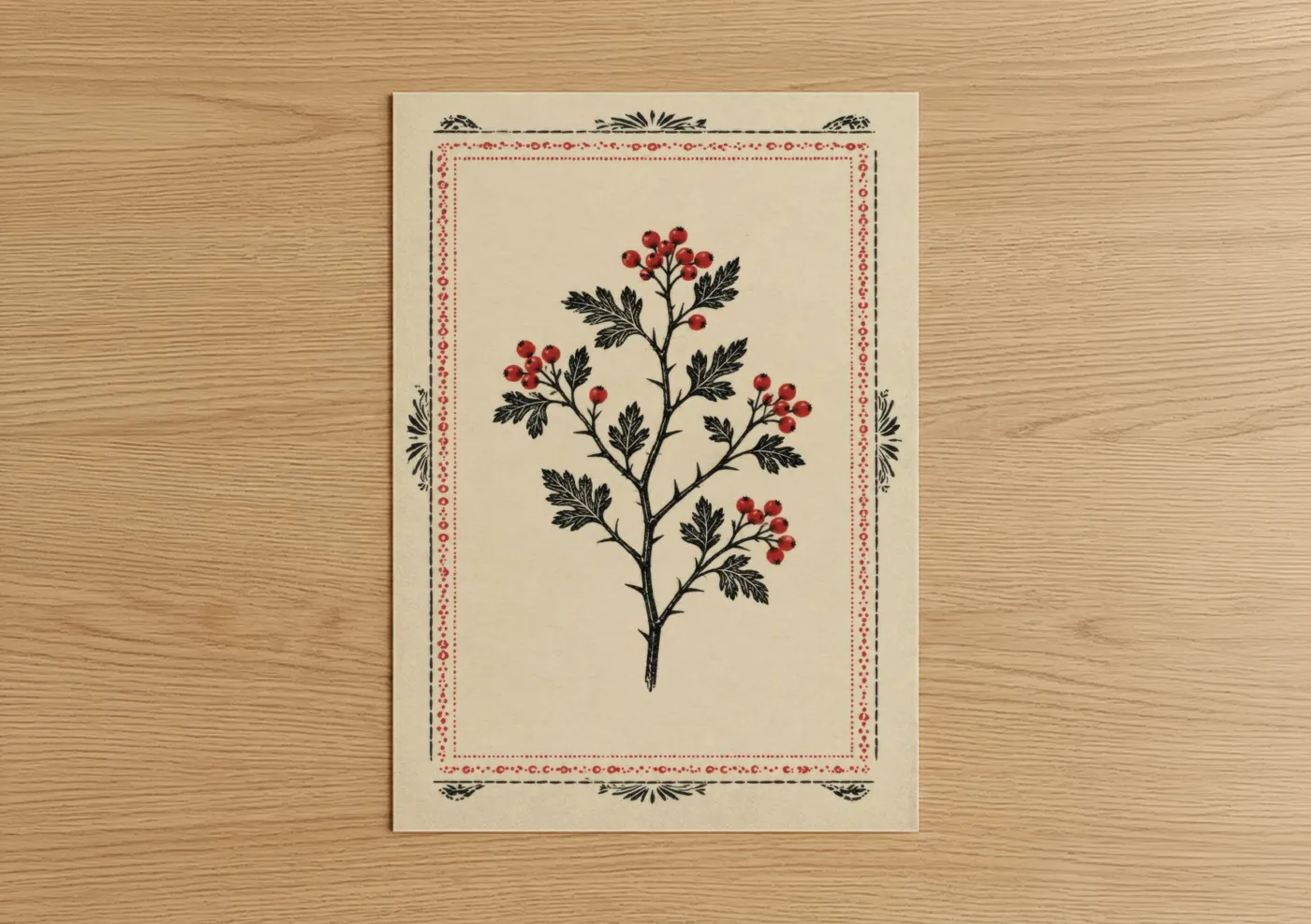 Plant art print on warm oak wood — red and black and white palette — Vintage Botanical Berry Branch Wall Art poster