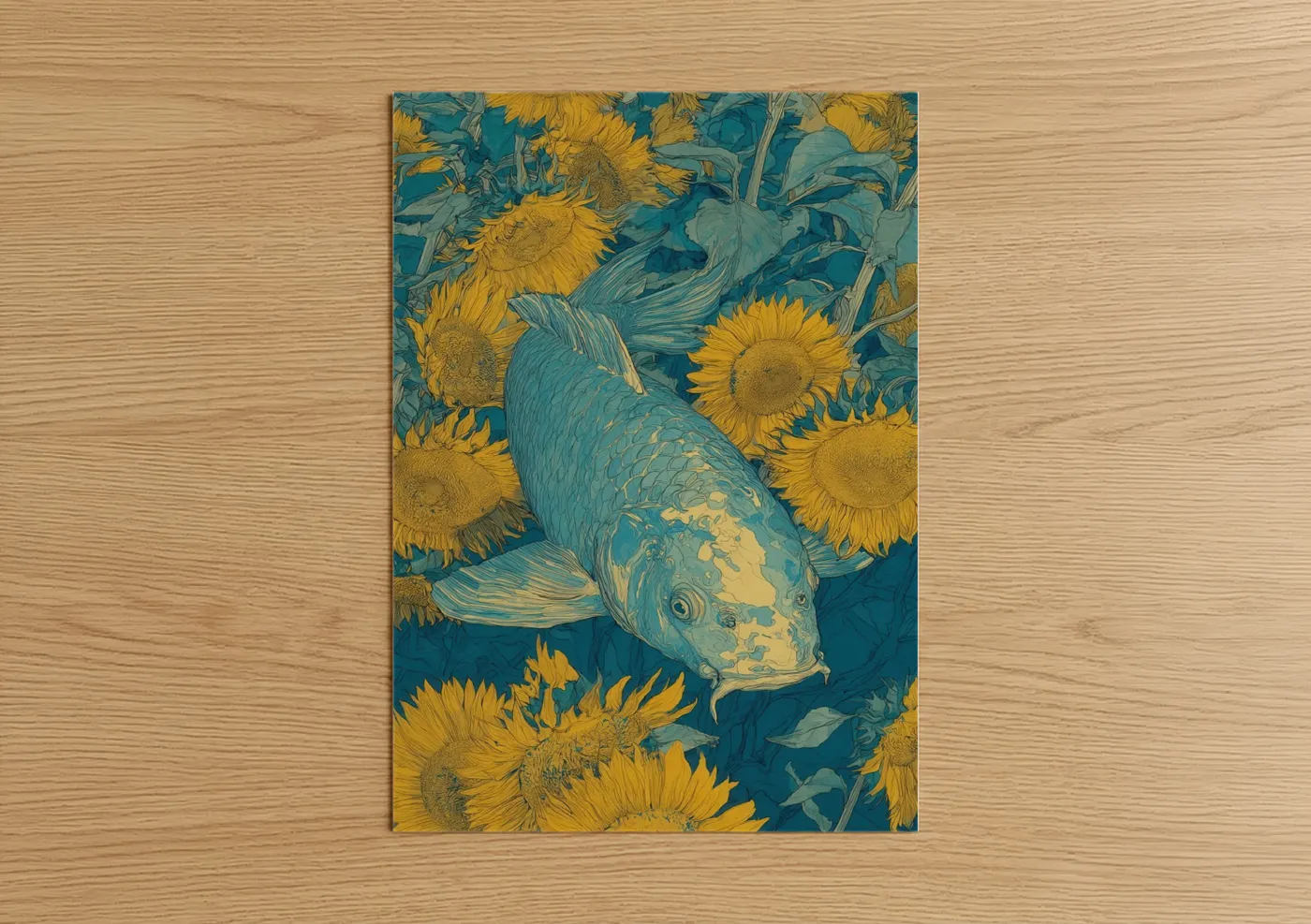 Golden Koi Fish Sunflower Garden Wall Art