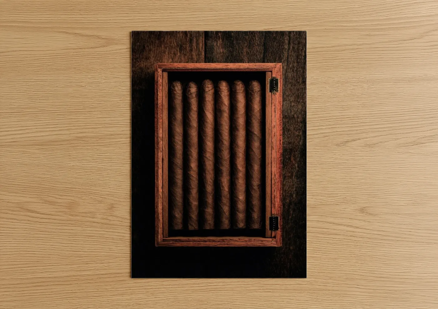 Cigars art print on warm oak wood — brown and black palette — Vintage Cigar Cabinet poster