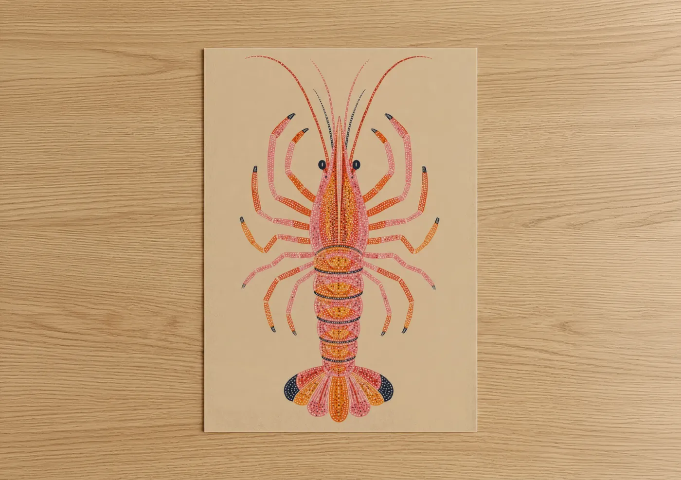 Art print on warm oak wood — peach and orange palette — Decorative Lobster Illustration Wall Art poster