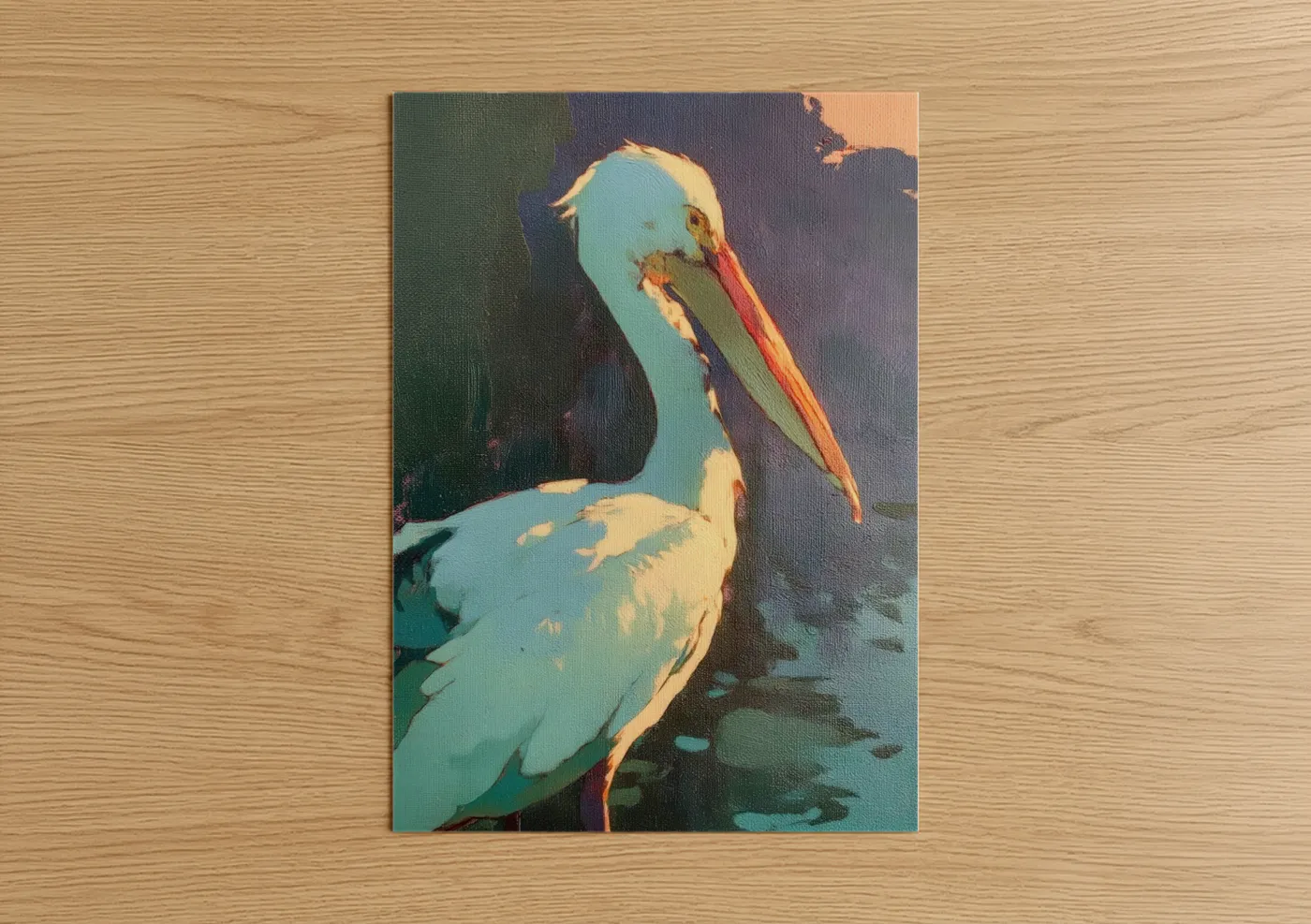 Art print on warm oak wood — turquoise and gold palette — Turquoise Pelican poster
