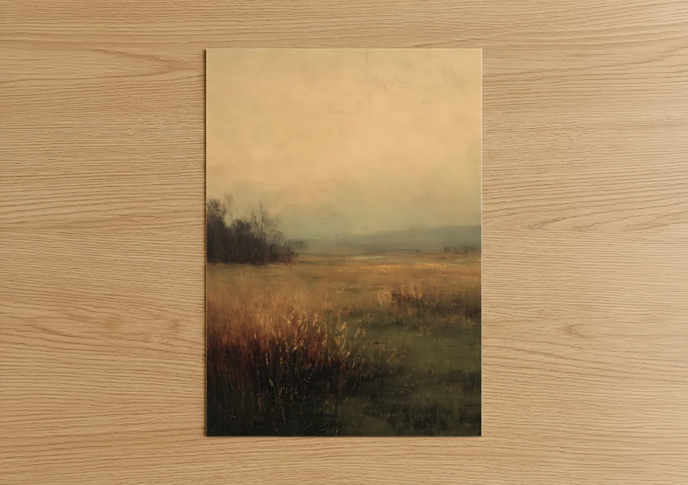 Art print on warm oak wood — gold and sage green palette — Misty Grain Fields poster