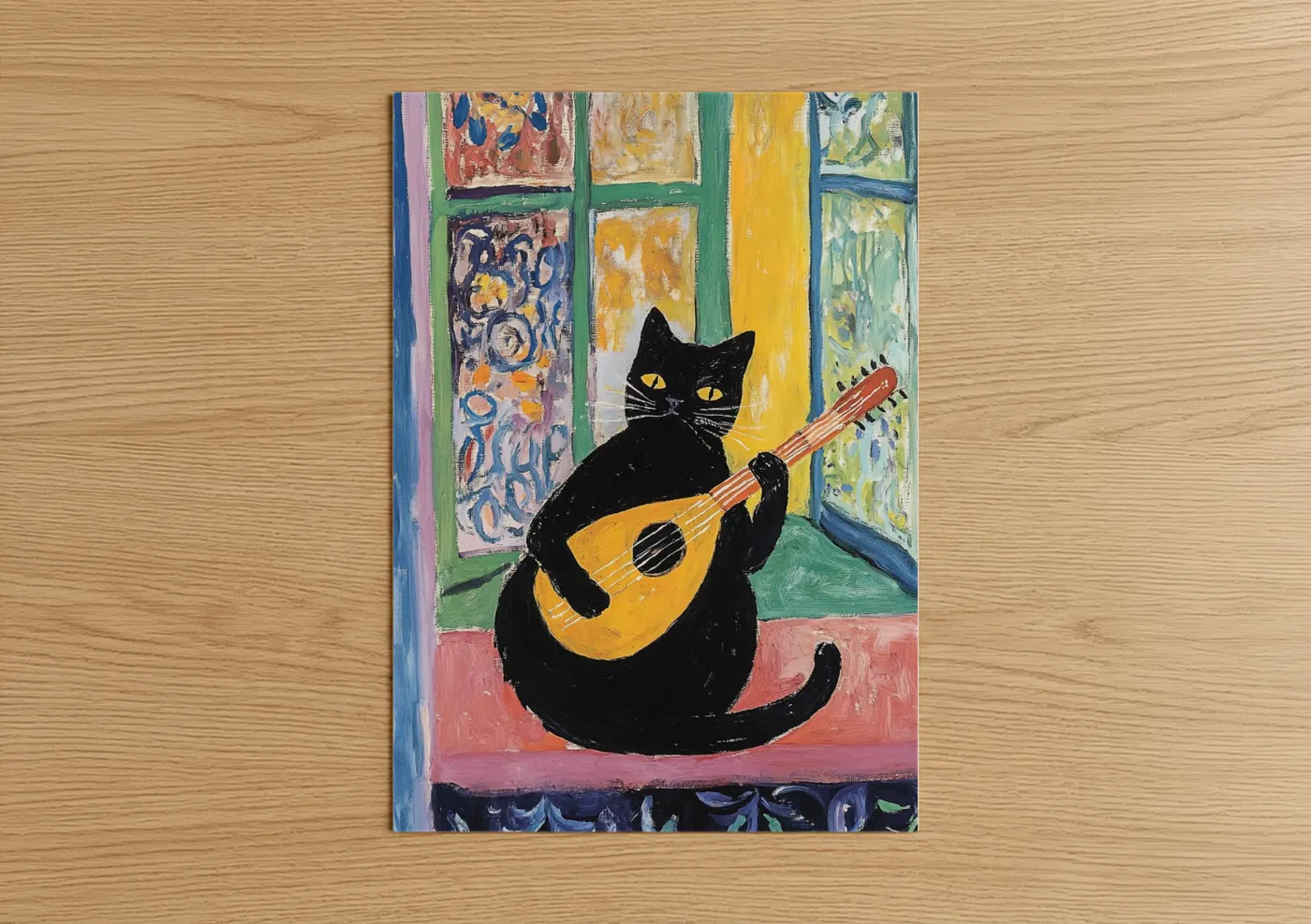 Art print on warm oak wood — gold and black palette — Musical Black Cat poster
