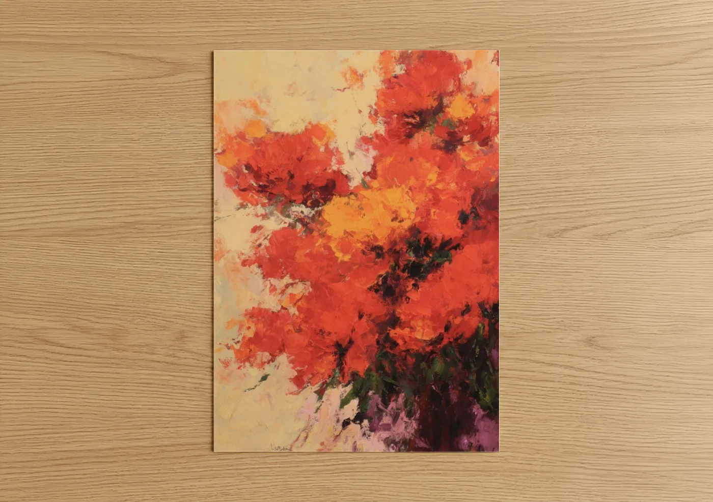 Sea anemone art print on warm oak wood — red and gold palette — Crimson Anemone poster