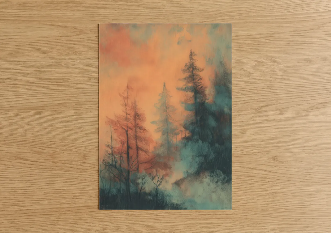 Art print on warm oak wood — peach and teal palette — Misty Cedar Forest poster