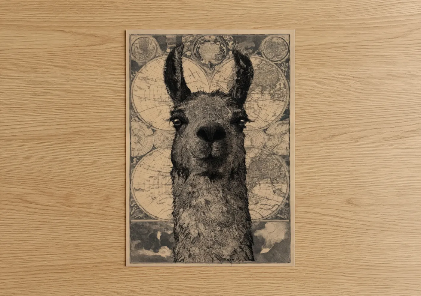 Art print on warm oak wood — black and white and cream palette — Cartography Llama poster