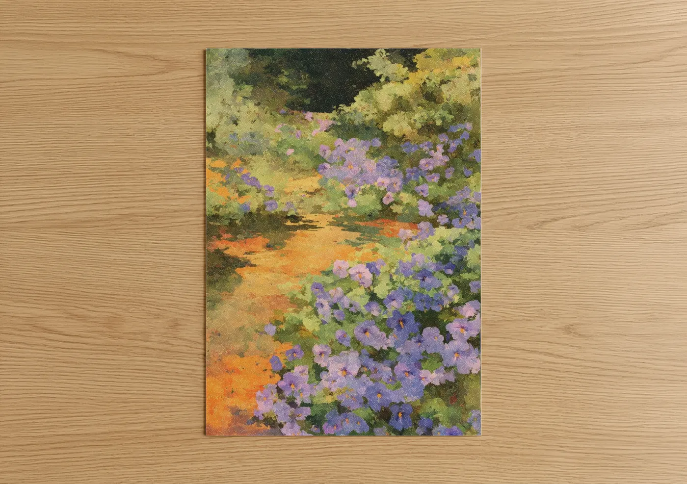 Violets art print on warm oak wood — purple and yellow gold palette — Purple Violet Garden poster