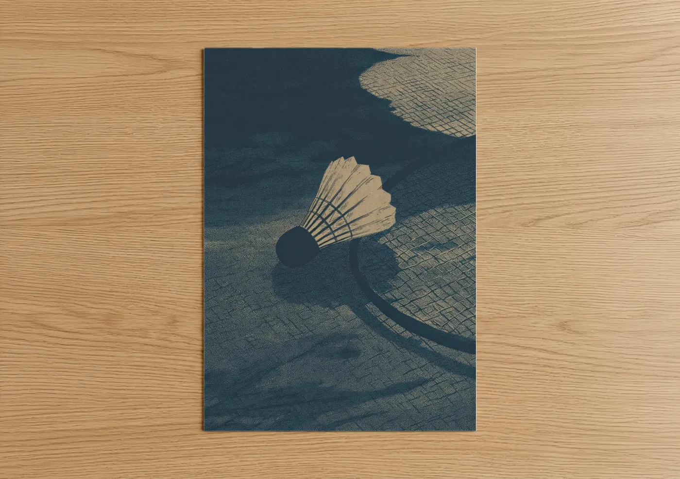 Art print on warm oak wood — dark blue and cream palette — Badminton Court Shadows poster