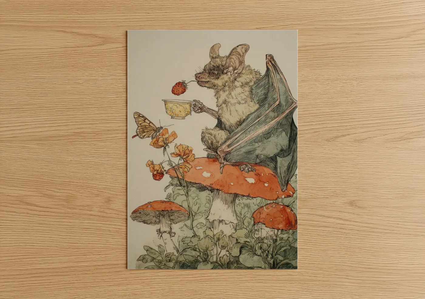 Whimsical Bat Illustration Mushroom Wall Art