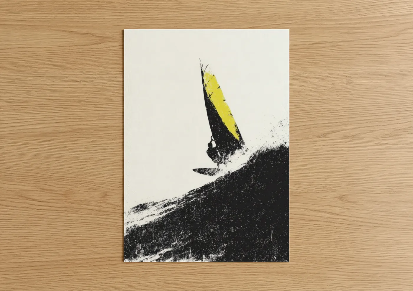 Windsurfing art print on warm oak wood — black and white and yellow palette — Yellow Wave Rider poster