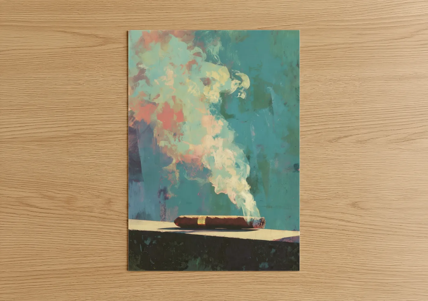 Cigars art print on warm oak wood — teal and cream palette — Smoky Contemplation poster