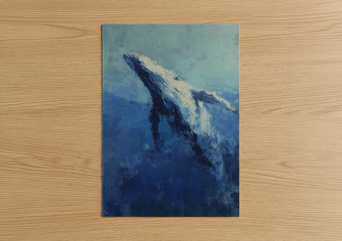 Art print on warm oak wood — blue and white palette — Breaching Gray Whale poster