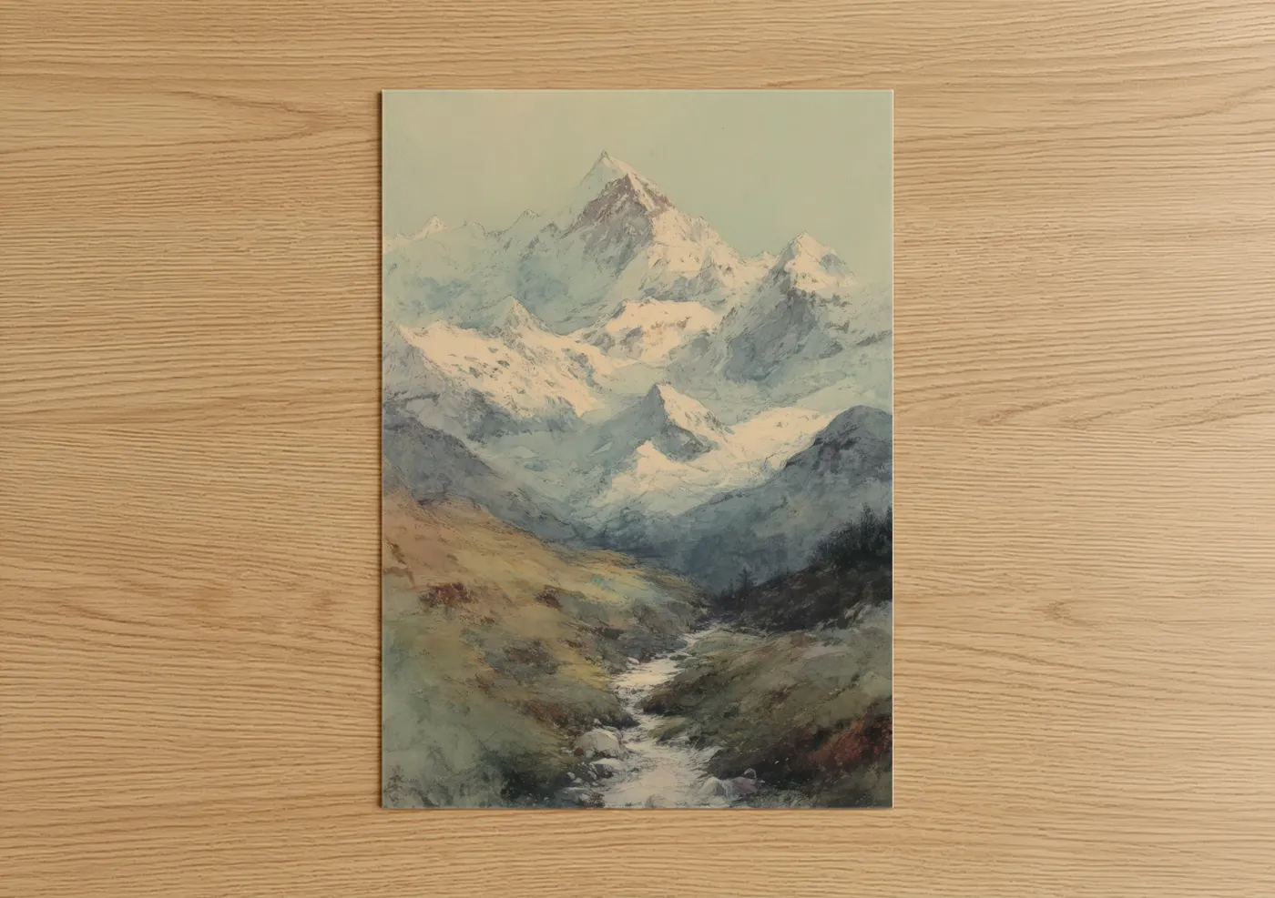 Mount everest art print on warm oak wood — white and blue and gray palette — Alpine Everest poster