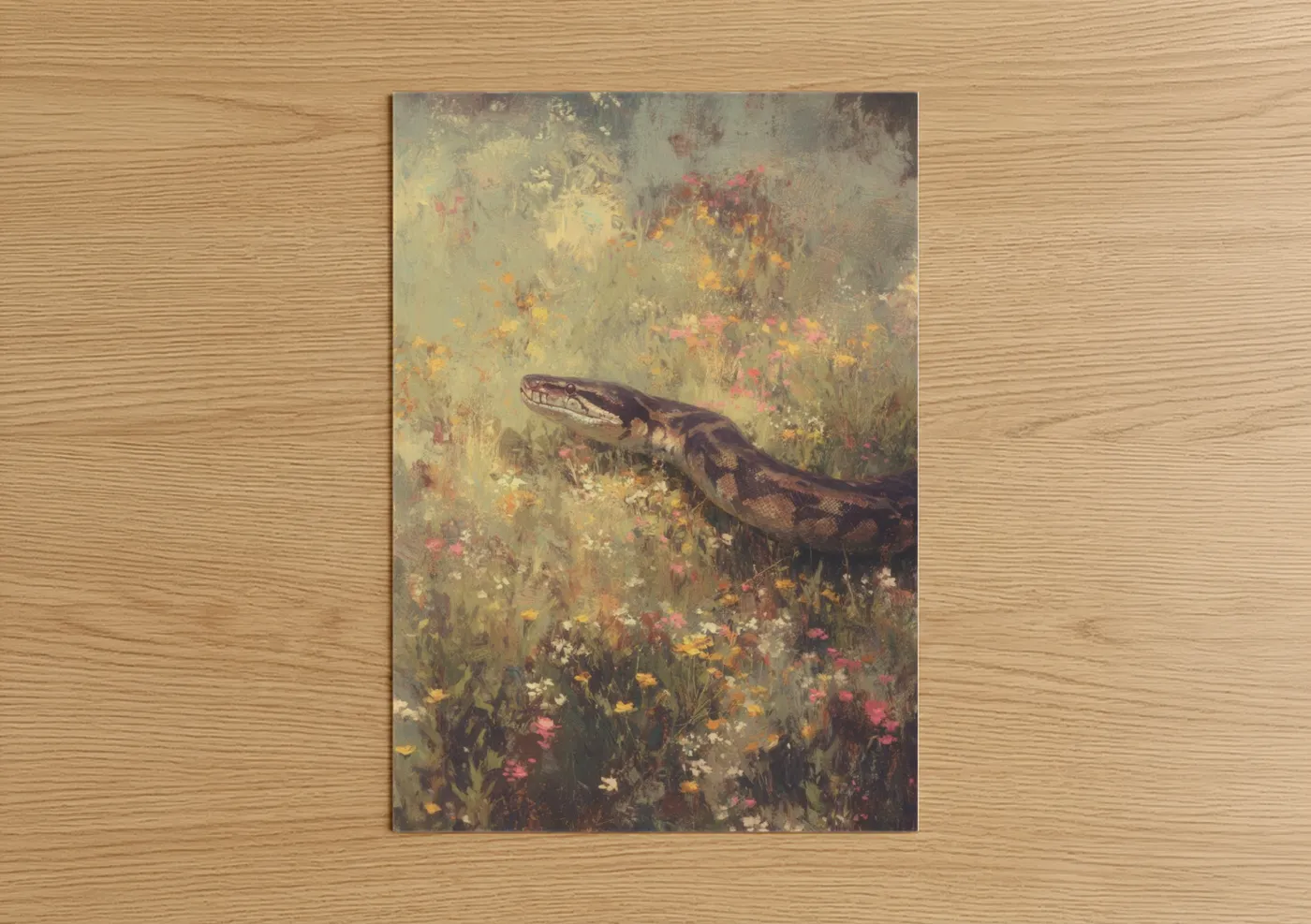 Boa constrictor art print on warm oak wood — cream and olive palette — Wildflower Boa poster