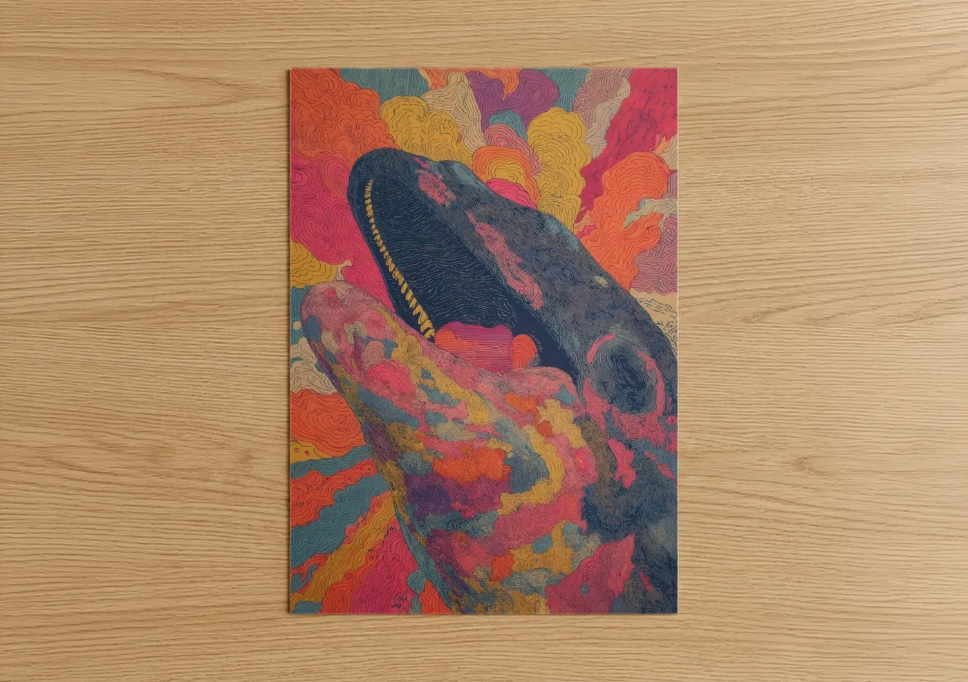 Beluga whale art print on warm oak wood — magenta and gold palette — Colorful Beluga poster